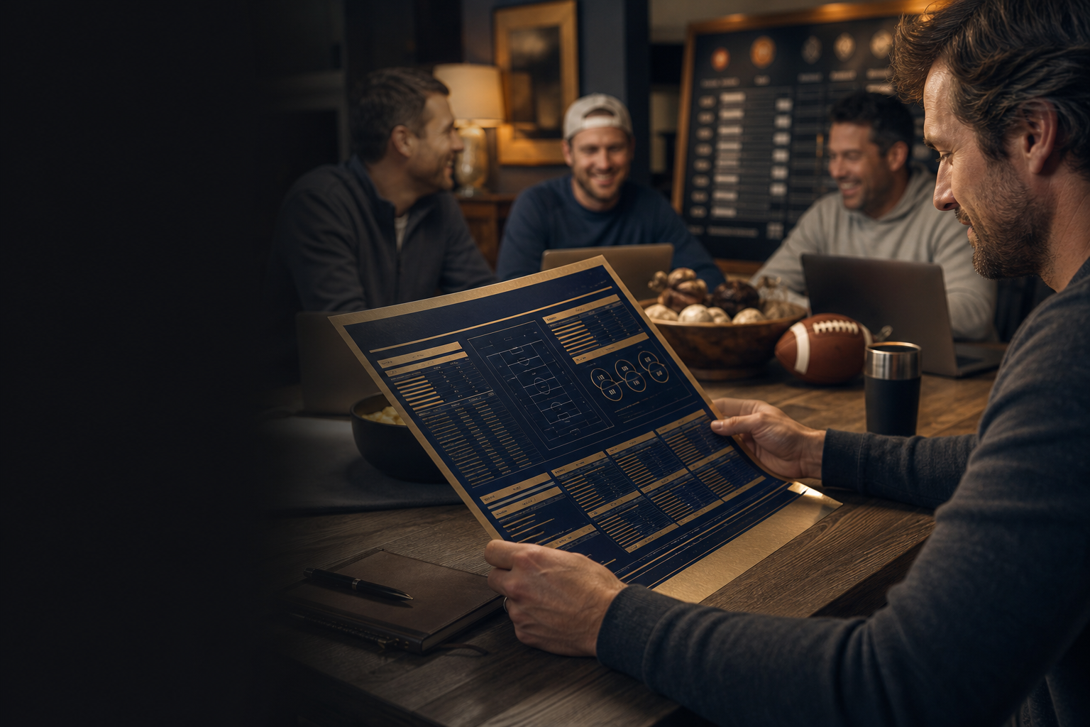 Friends reviewing fantasy football draft information together around a table